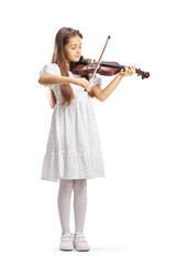 Full length portrait of a girl in a white dress playing a violin