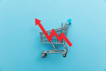 Rising cost of shopping. Shopping cart with red inflation arrow