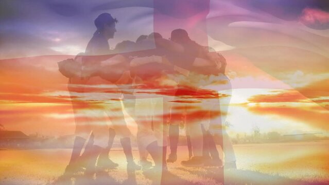 Animation of flag of englad over team of male baseball players