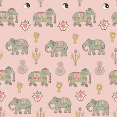 Indian ethnic elephants seamless vector pattern.