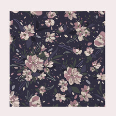 Vector floral seamless pattern with pink flowers on dark background. Pattern on light pink backdrop.