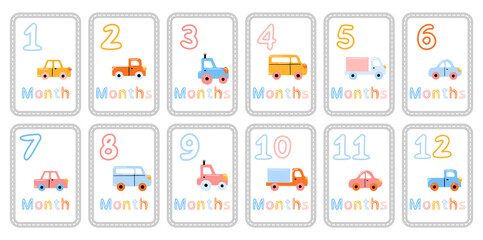 Baby milestone cards with hand-drawn cars and numbers. Newborn 1 to 12 months anniversary cards set 
