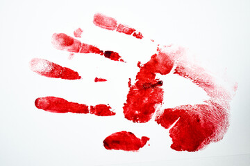 Red Bloody fingerprints and palm print  on the white background. Horror and crime scene concept. Halloween postcard. © Vadym