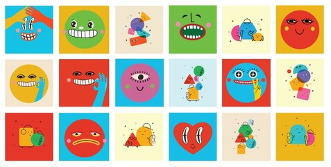 Retro love crazy and smeared heart smiley face. Hippie groovy smile character vector set. Valentine day concept. Vector illustration