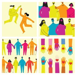 Group of people men, women are standing together. Concept of diversity, equality, tolerance, multicultural society. Vector set of multicultural people.