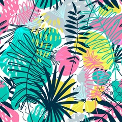 Vector seamless pattern with floral hand drawn elements. Bright color tropical background.