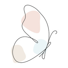 Butterfly continuous line drawing. Outline butterfly flying. Line art insect with abstract pastel color shapes. Vector isolated on white.	
