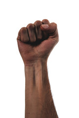 Beautiful and stylized hand of african american person with fist up over 100% white background
