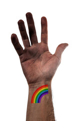 Beautiful and stylized open hand of african american person with a big tattoo of LGBTQ rainbow of pride over 100% white background