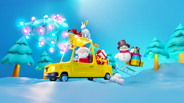 Happy New Year. Santa Claus is carrying a Christmas tree with a rabbit in a cheerful car. Christmas design, banner, modern poster, holiday flyer, brochure, postcard. Winter render 3d illustration.