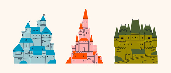 Set of three Medieval Castles. Royal kingdom towers, fortified palace. Old towers, fortress or fairy-tale stone castle. Cartoon style. Hand drawn colored trendy Vector illustration - obrazy, fototapety, plakaty