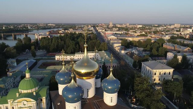 Beautiful cityscape of the city of Tver. Aerial view of Tver Imperial Palace's Chathedral at sunset.