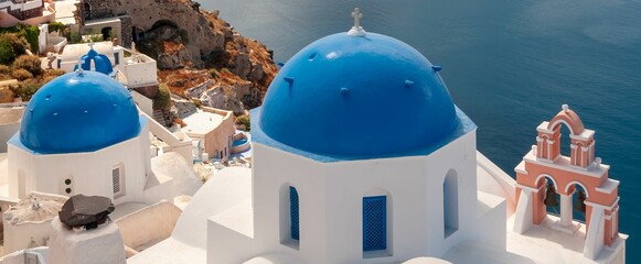 Blue domed churches in Oia, Santorini, Greece