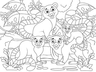 Family of lemurs in the forest. Zoo with animals. Vector illustration, children coloring book.
