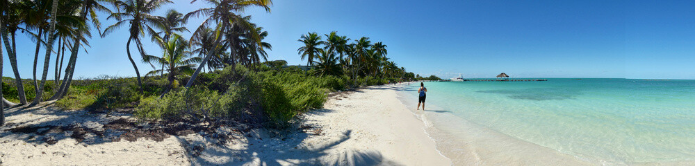 Panoramic view of a paradisiacal beach with a woman walking alone