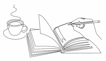 continuous line drawing of cup coffee and hands writing in workbook 