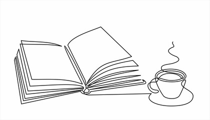 Continuous line drawing of book and coffee, vector illustration, one line