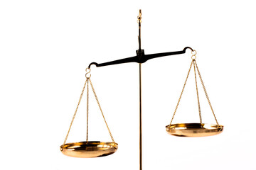 Gilded scales with two hanging bowls on a white background