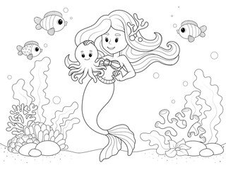 Obraz na płótnie Canvas Mermaid on the seabed with sea animals. Vector, page for printable children coloring book.