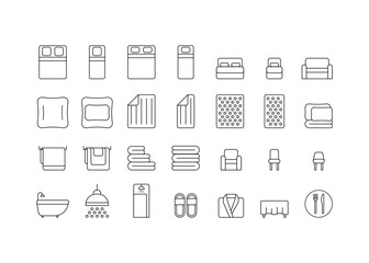 Bedroom and bathroom line icon set. Single and double bed, cushion, blanket, pillow, mattress, sofa, shower, bath, accessories. Furniture for interior, plumbing, house textile. Vector outline sign