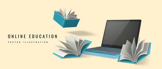 Online education concept. Laptop with open books. Online learning. Vector illustration