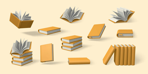 Set of 3d cute cartoon books. Realistic bookss with shaddow. Education and online class concept. Vector illustration