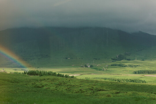 A Rainbow In A Lush Green Valley In The Scottish Highlands