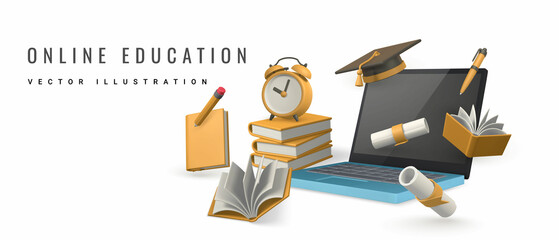 Online education concept. Laptop with books, pencil, alarm clock, graduation cap and diploma. Vector illustration - obrazy, fototapety, plakaty