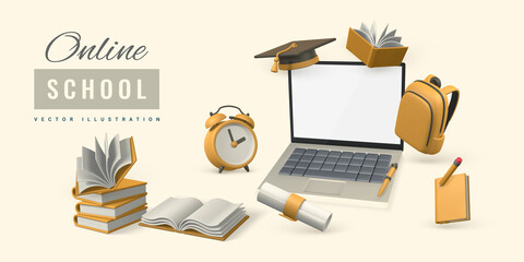 Online school concept. Laptop with books, pencil, alarm clock, graduation cap and diploma. Vector illustration