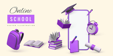 Online school concept. Phone with books, pencil, alarm clock, graduation cap and diploma. Vector illustration