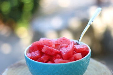 Bowl of cut watermelon pieces, served in the garden. Selective focus.