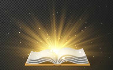 Open magic book with light sparkles and glitter. Fairytale book with open pages. Vector illustration