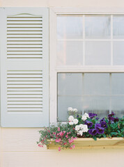 Light blue shutter on a shed with planter's box of colorful flowers