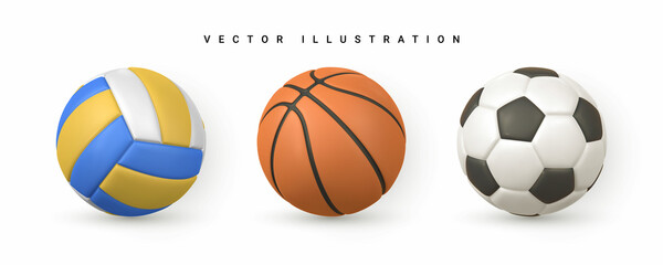 Set of 3d realistic soccer, football, basket and volley ball on white background. Vector illustration