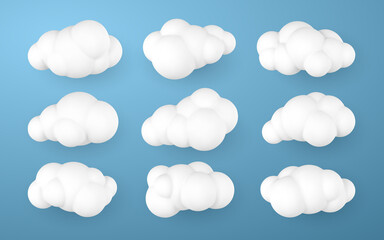 3d white clouds. Set of round cartoon fluffy clouds isolated on a blue background. Vector illustration