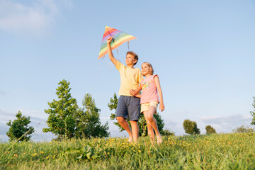 Brother and sister with a kite walking on the green grass.