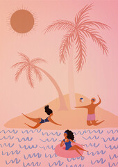 Holiday/ vacation art illustration. Tropical island with palm trees. People playing volleyball. Pink background. 
