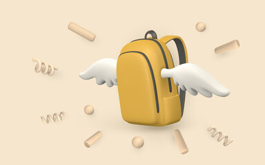 Cute cartoon yellow backpack with wings and confetti. 3d realistic school bag. Back to school concept. Vector illustration