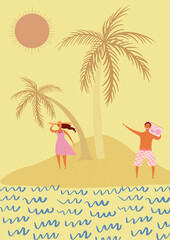 Obraz na płótnie Canvas holiday art illustration. Tropical island with palm trees. Couple relaxing on the beach. Yellow background. 