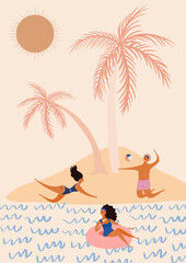 Holiday/ vacation art illustration. Tropical island with palm trees. People playing volleyball. Pink background. 