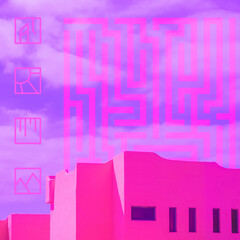 Contemporary digital collage art.  Pink Architecture and geometry mix. Fashion zine design