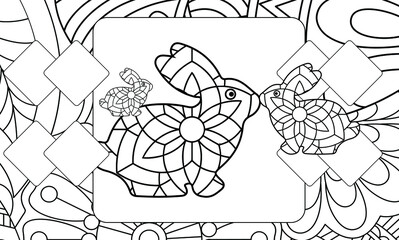 Coloring page for children and adults, art therapy, Rabbit Animal in love, black and white