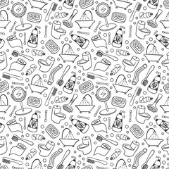 Bath and shower hand drawn seamless pattern. Black doodles on white background. Vector illustration.
