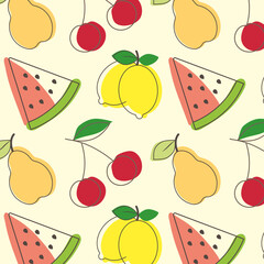 Seamless vector summer pattern with lemons, cherries, watermelon slices, pear