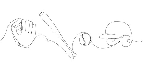 Baseball set with helmet, bat, ball, glove one line art. Continuous line drawing of sport, hardball, softball, sports, activity, american, game, training, competitive, leisure, professional play