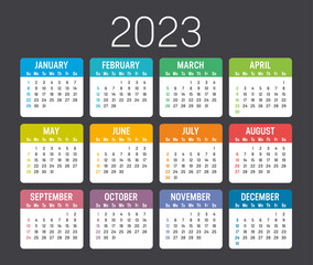 Colorful year 2023 calendar isolated on a dark background