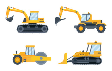 Construction heavy equipment. Engineering machines for building as excavator, bulldozer, tractor and loader