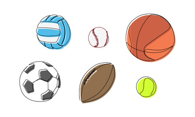 Football, basketball, tennis, baseball colored ball one line art. Continuous line drawing soccer, rugby, volleyball, color, sport, running, ball sports, activity, athlete, game, training, goal, play.