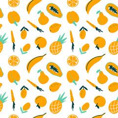 Abstract fruit and vegetables seamless pattern vegaterian food cute modern background. Fresh doodle funny pineapple, apple, sliced papaya, banan, pear, carrot, lemon, peach, pepper