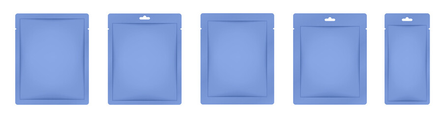 Dark blue paper sachet or pouch. Vector bags mockup, wet wipes paper or foil packs. Cosmetics samples. Moisturizing sheet face mask	